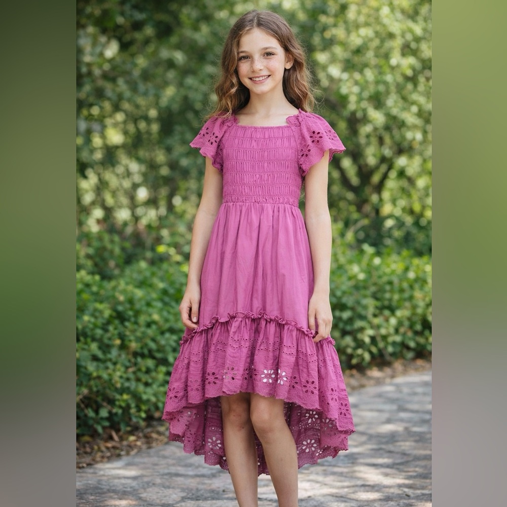NEW Boutique Hannah Banana Purple Hi Low Eyelet Smocked Girls Dress‎ 6x 7 8 10